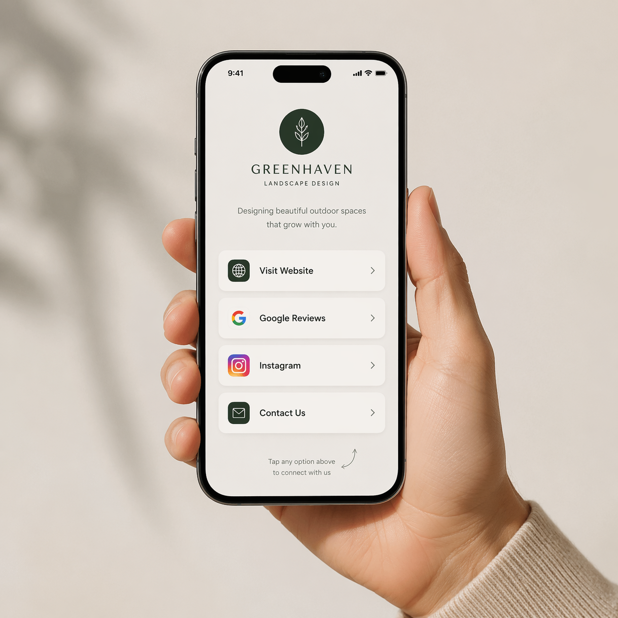 Smartphone displaying NFC link hub with website, Google reviews, Instagram and contact options, demonstrating how NFC keychain works